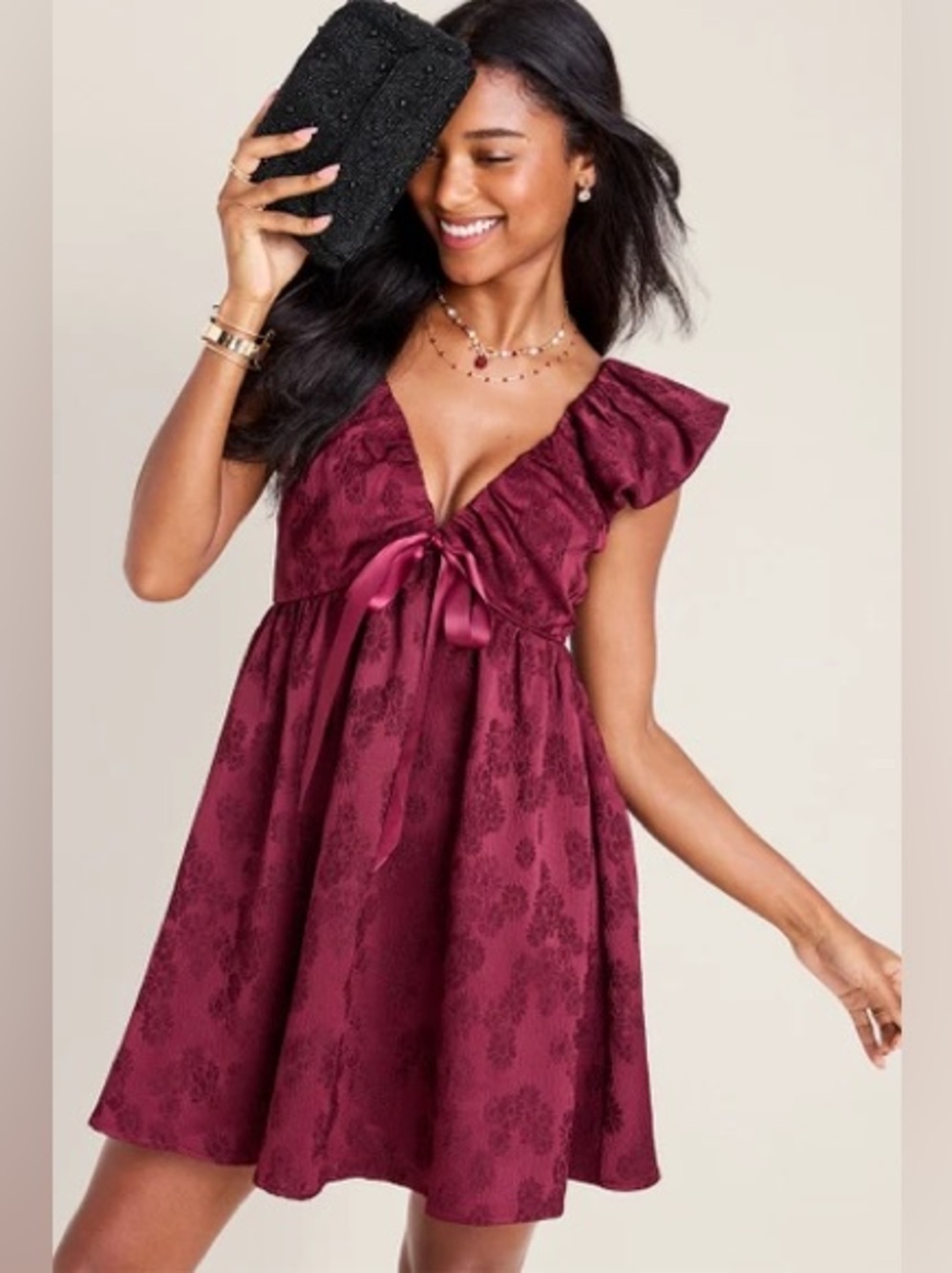 Francesca's Collections Burgundy Tie-Front Ruffle Mini Dress (M)